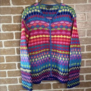 Northern Isles Cotton Knit Cardigan Blue Pink Textured Sweater